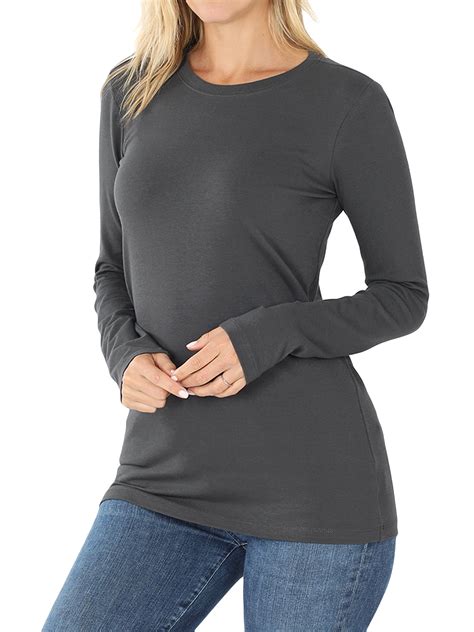 Zenana Women Plus Basic Round Crew Neck Long Sleeve Stretch Cotton Spandex T Shirts Ash