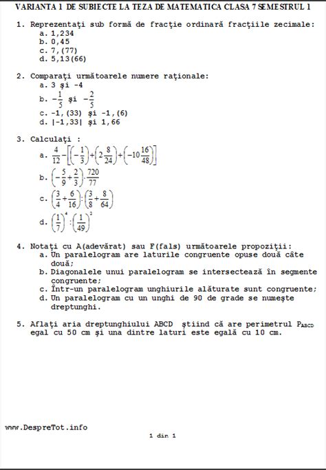 Teza Matematica Clasa 7 Sem 1 Rezolvata Varianta 1