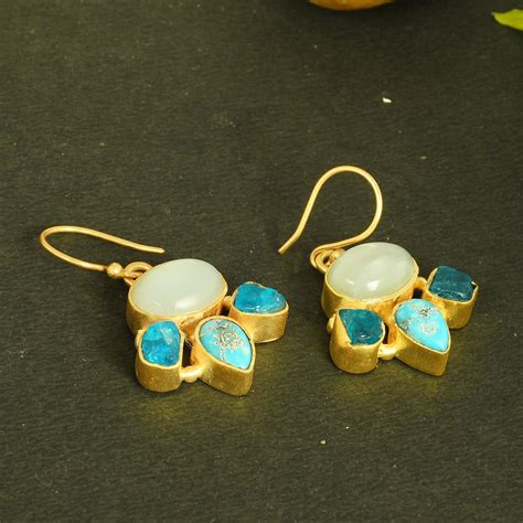 Blue Turquoise Earrings Dainty Drop Earrings Gemstone Etsy