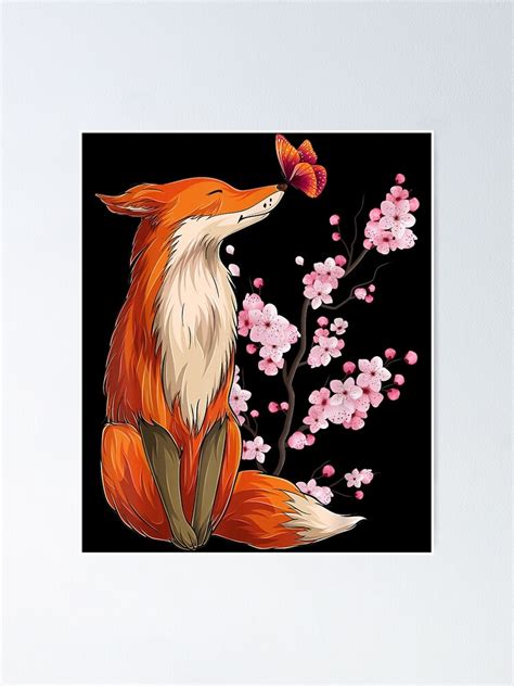 Japanese Fox Cherry Blossom Flower Sakura Trees Kawaii Poster By