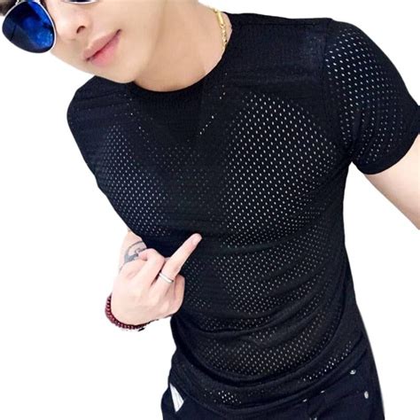 Idopy Men`s Hip Hop T Shirt Punk Style Korean Fashion Mesh Summer Slim Fit Streetwear Hipster