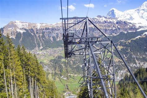 Cable Car Station Rise Up To Mountain From Lauterbrunnen To Guts Stock