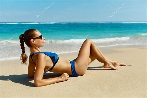 Woman On Beach In Summer Sexy Happy Female Model Tanning Stock Photo