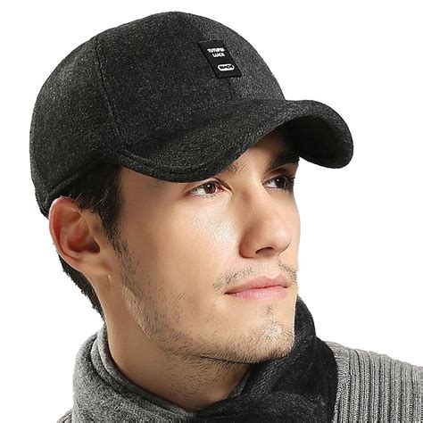 Mens Wool Warm Soft Lined Cap Adjustable Baseball Winter Hats Black