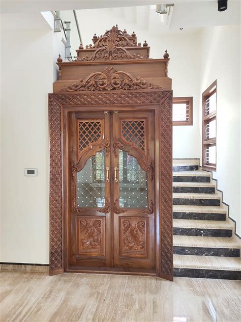 Teak Wood Pooja Room Door With Diamond Design Side Patti Inner Ceiling