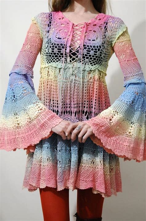 Bell Sleeve Crochet Dress Rainbow 70s Vintage Lace Babydoll Mini Lace