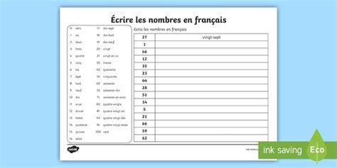 Printable French Numbers 1 100 Worksheet Twinkl