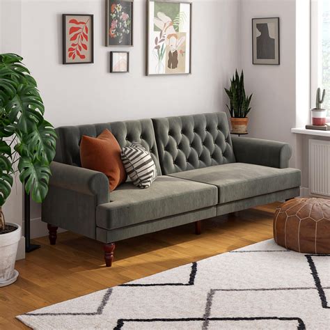 Novogratz Upholstered Cassidy Futon Convertible Sofa Bed Gray Velvet