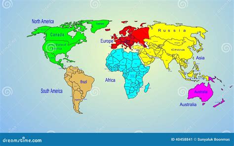 Nombre De Los Continentes Y De País Del Mapa De Color Del Mundo Stock