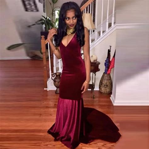 velvet black girl prom dress 2017 new sexy v neck backless formal long burgundy evening party