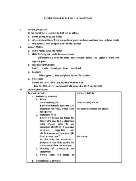 Detailed Lesson Plan On Points Pdf Lesson Plan Line Geometry