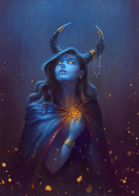 Female Tiefling Sorcerer Oracle Spell Caster Blue Skin And Horns
