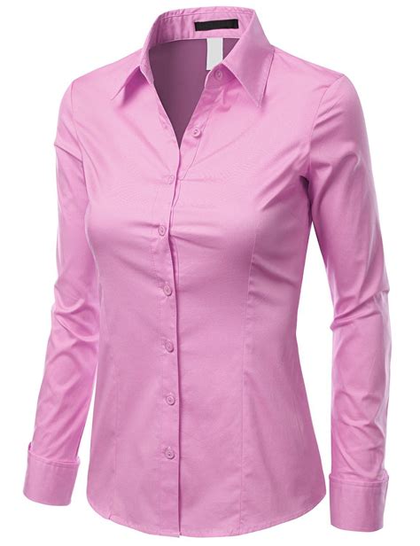 Doublju Women Trendy Long Sleeve Solid Color Button Down Shirt Palepink