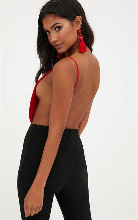 Red High Neck Open Back Thong Bodysuit Tops Prettylittlething