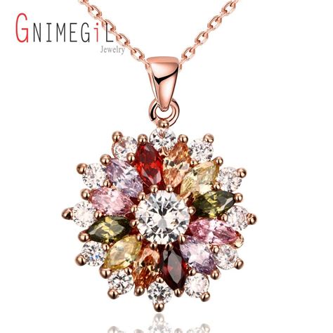 GNIMEGIL Brand Jewelry Rose Gold Color Necklaces Pendants With Multi Color AAA Cubic Zircon For