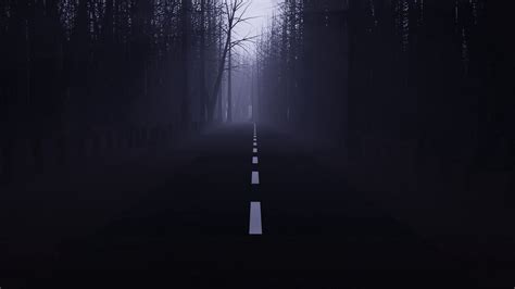 Download Wallpaper 2048x1152 Road Forest Fog Mist Trees Dark