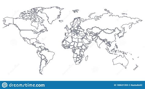 World Map With Country Borders Thin Blue Outline On White Background