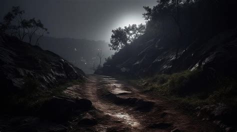 Premium Ai Image A Dark Dark Dirt Road With A Light At The Top