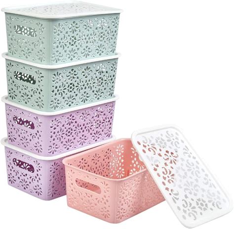 buygoo 5pcs plastic storage baskets with lids muti colour plastic organizer baskets with handle