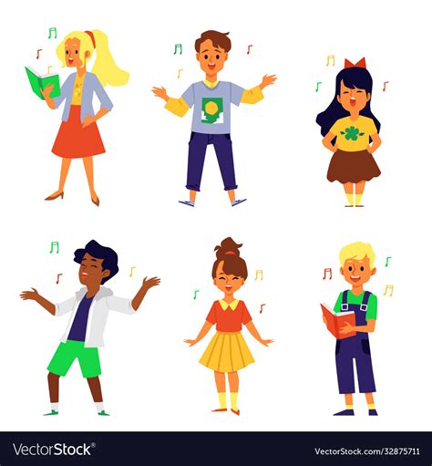 Set Singing Children Cartoon Characters Flat Vector Image