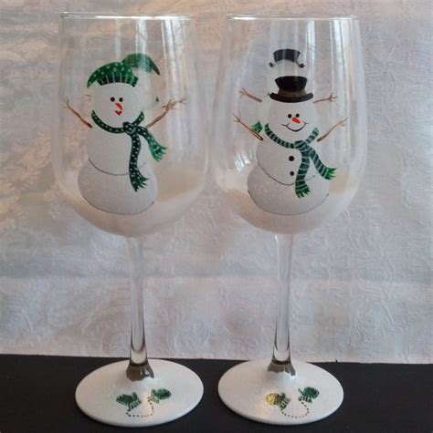 Green Holiday Snowman Hand Painted Wine Glasses