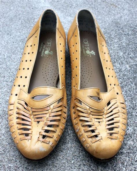 Vintage 80s Shoes Tan Leather Flats Huarache Sandals 9 A111 Etsy