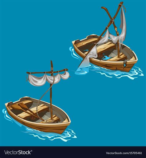 Old Boat With Sailboat On Water In Cartoon Style Vector Image