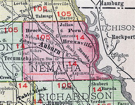 Nemaha County Nebraska Map 1912 Auburn Brownville Brock Peru