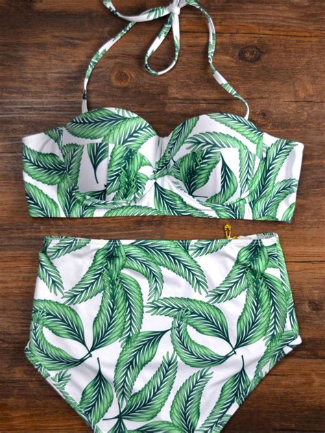 Bikini Top And High Waist Bottom Green Leaf Printed Halter