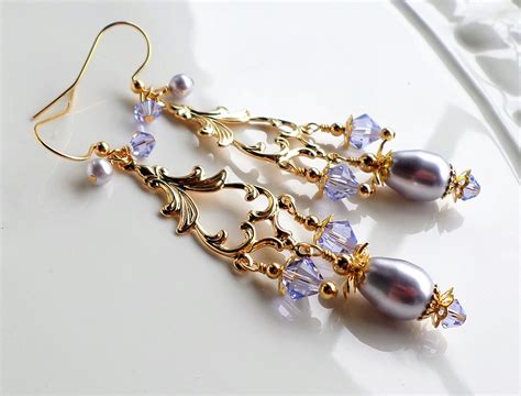 Purple Chandelier Earrings Light Purple Pearl Swarovski Crystal