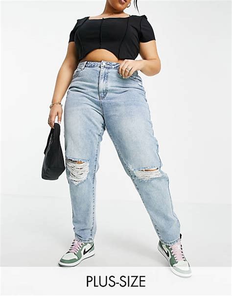 Missguided Plus Riot High Waist Mom Jean With Busted Knee In Blue Asos