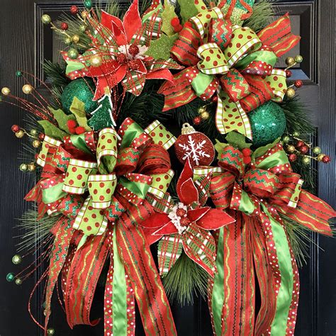 Red And Green Whimsical Christmas Pine Wreath Etsy Whimsical