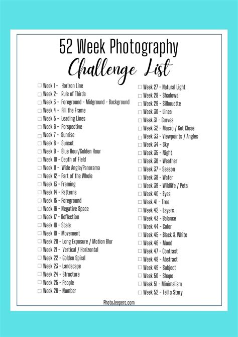 52 Week Photography Challenge List Photography Challenge Photography