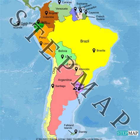 Stepmap South America Countries And Capitals Landkarte Für World