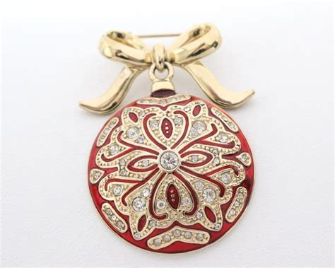 Vintage Monet Christmas Brooch Pin Rhinestone Red And Gold Enamel Hanging