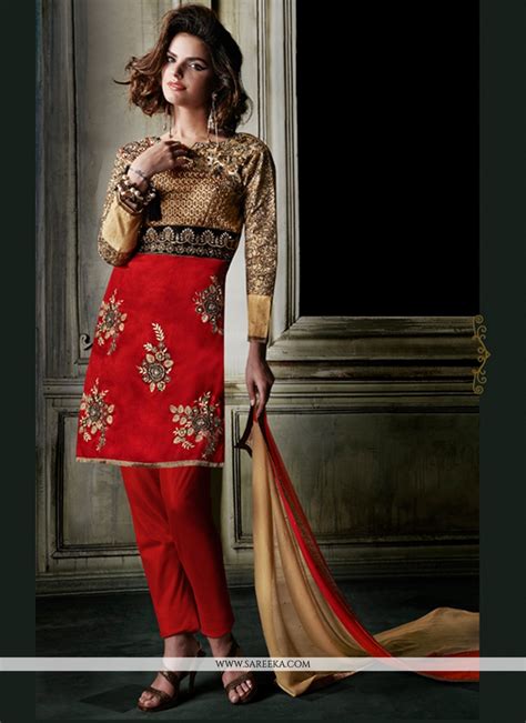 Red Bhagalpuri Silk Pant Style Suit Salwar Kameez