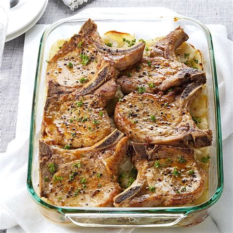 This is a little healthier since the chops are baked and the base of the au gratins is. Pork Chops with Scalloped Potatoes Recipe: How to Make It ...