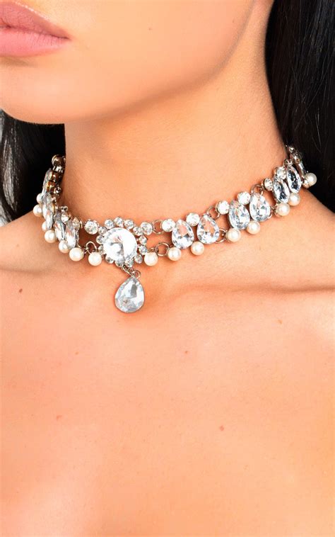 Gerri Diamante Pearl Choker Necklace In Silver Ikrush