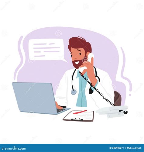 Professional Male Doctor Character Multitasking with a Laptop and Phone
