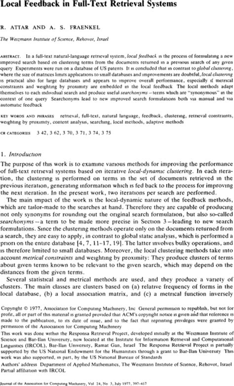 Local Feedback In Full Text Retrieval Systems Journal Of The Acm