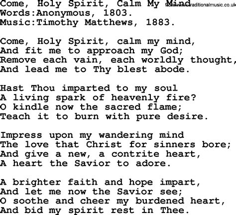 Pentecost Hymns Song Come Holy Spirit Calm My Mind Lyrics And Pdf