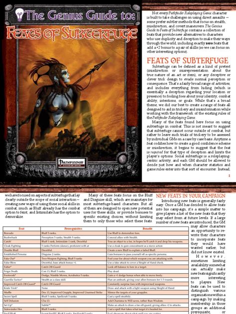 She can make a very this guide is a supplement to the following three guides currently posted on the paizo forums which. Pathfinder RPG - Genius Guide - Feats - Subterfuge.pdf | Deception | Derivative Work