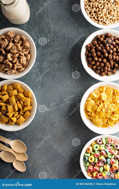 Variety Of Cold Cereals In White Bowls Stock Photo Image Of Granola