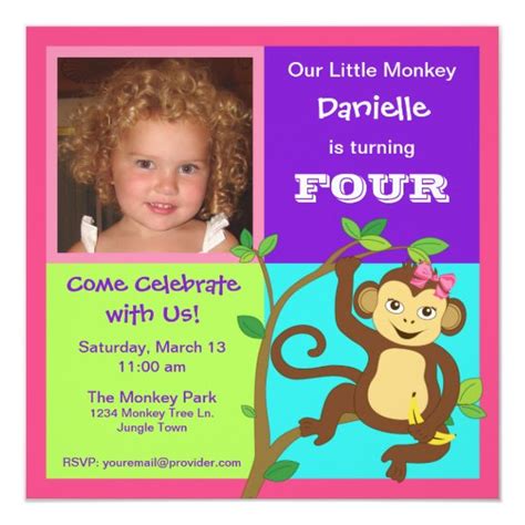 Fun Colorful Little Girl Monkey Photo Invitation