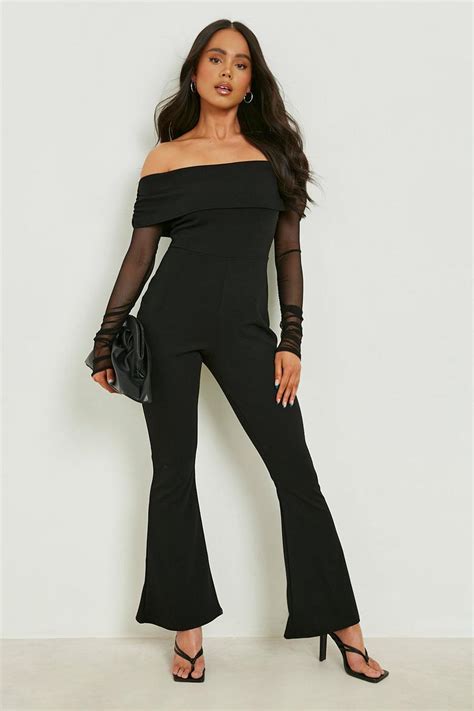 Petite Mesh Ruched Bardot Flare Leg Jumpsuit Boohoo