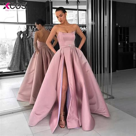 Buy Burgundy Blush Pink Prom Dresses 2019 High Split Strapless Satin Elegant