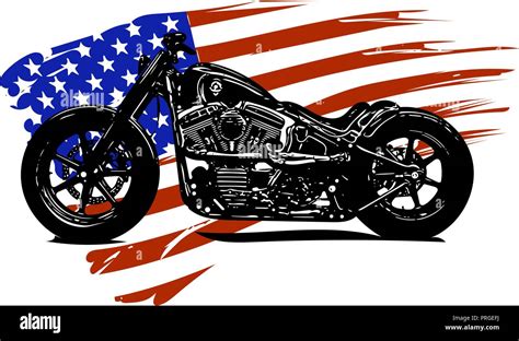 Hand Drawn And Inked Vintage American Chopper Motorcycle With American