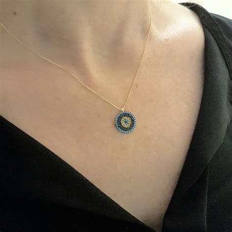 14K Real Solid Gold Round Evil Eye Pendant Necklace For Women