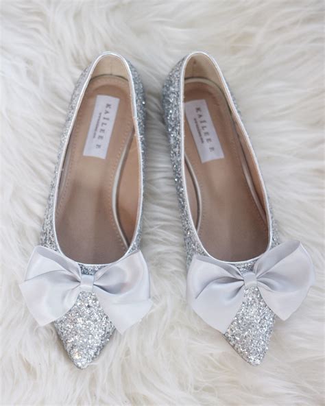 Silver Rock Glitter Pointy Toe Flats With Oversized Satin Bow Etsy