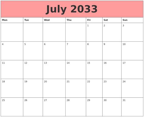 July 2033 Calendars That Work